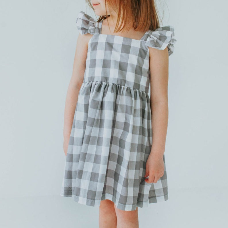 Little Girl's Gray and White Plaid Twirl Dress
