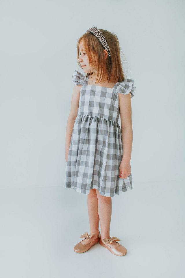Little Girl's Gray and White Plaid Twirl Dress