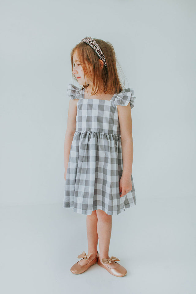 Little Girl's Gray and White Plaid Twirl Dress