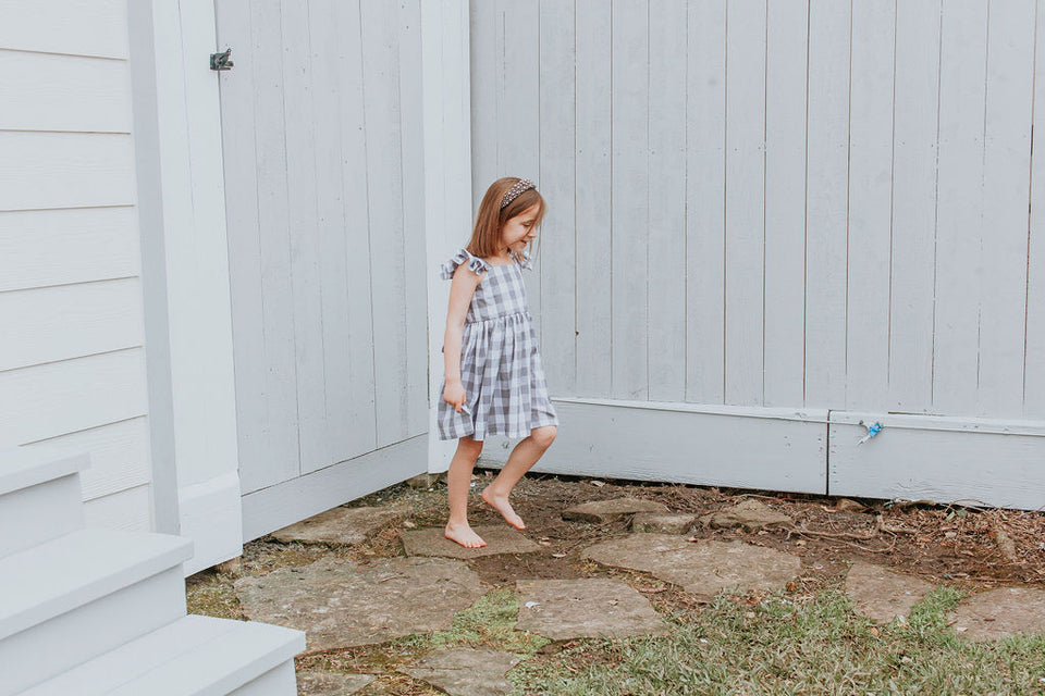 Little Girl's Gray and White Plaid Twirl Dress