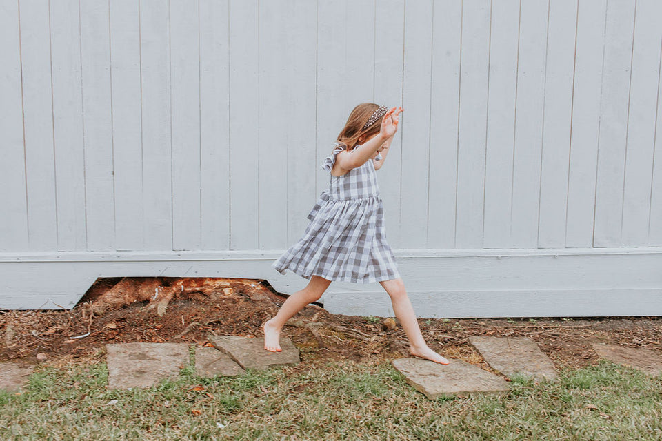 Little Girl's Gray and White Plaid Twirl Dress
