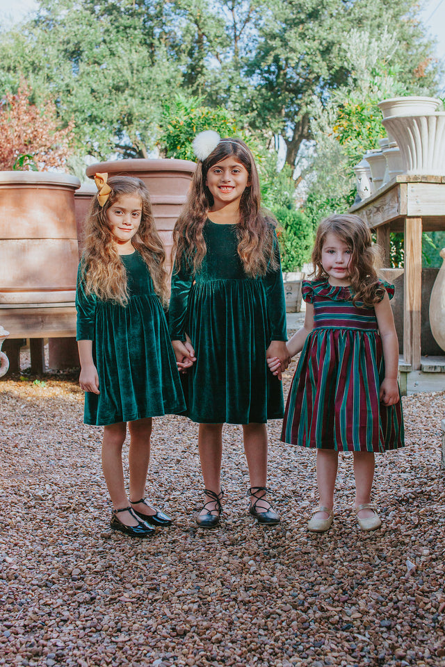 Little Girl's Green Velvet Flutter Sleeve Dress