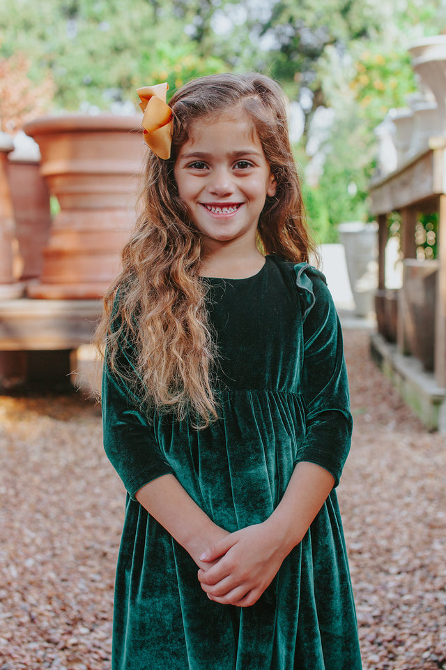 Little Girl's Green Velvet Flutter Sleeve Dress