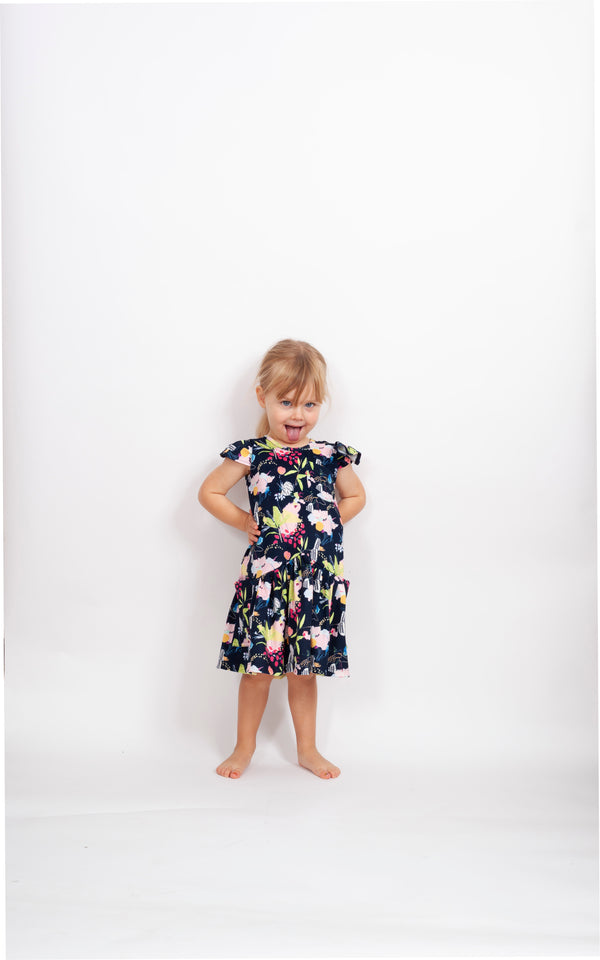 Little Girl's Multicolor Floral Three Pocket Jersey Dress