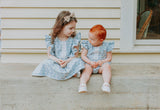 Infant Girl's Blue Gray Floral Bubble Romper with Lace Trim