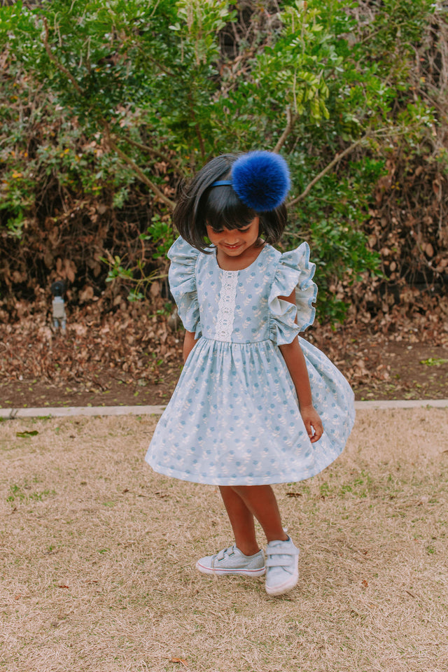 Little Girl's Blue Gray Floral Pinafore Dress with Lace Trim