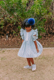 Little Girl's Blue Gray Floral Pinafore Dress with Lace Trim
