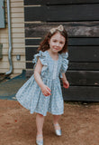 Little Girl's Blue Gray Floral Pinafore Dress with Lace Trim