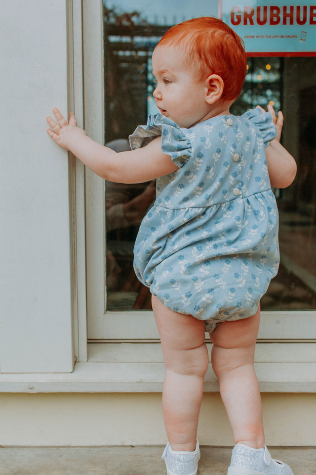 Infant Girl's Blue Gray Floral Bubble Romper with Lace Trim