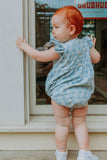 Infant Girl's Blue Gray Floral Bubble Romper with Lace Trim