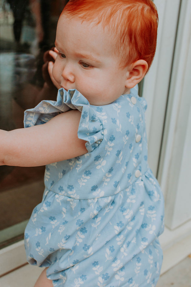 Infant Girl's Blue Gray Floral Bubble Romper with Lace Trim