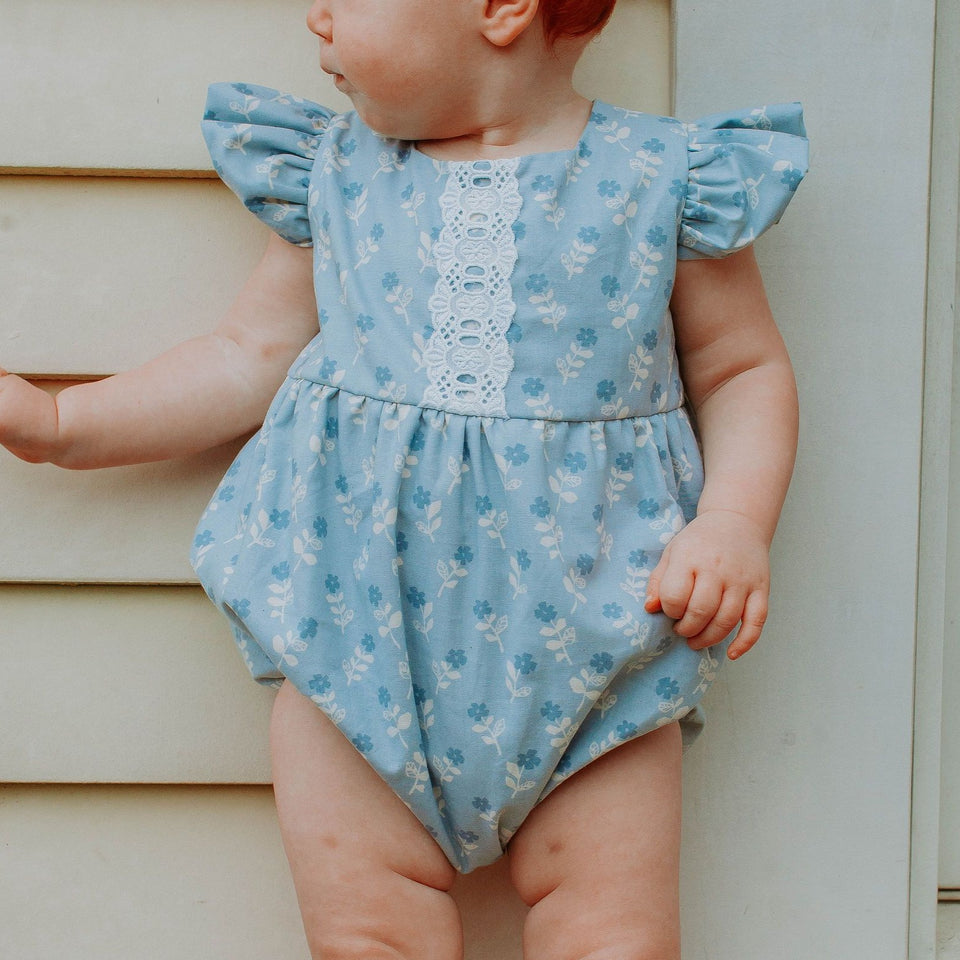 Infant Girl's Blue Gray Floral Bubble Romper with Lace Trim