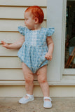 Infant Girl's Blue Gray Floral Bubble Romper with Lace Trim