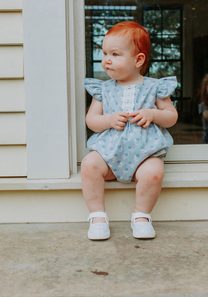 Infant Girl's Blue Gray Floral Bubble Romper with Lace Trim