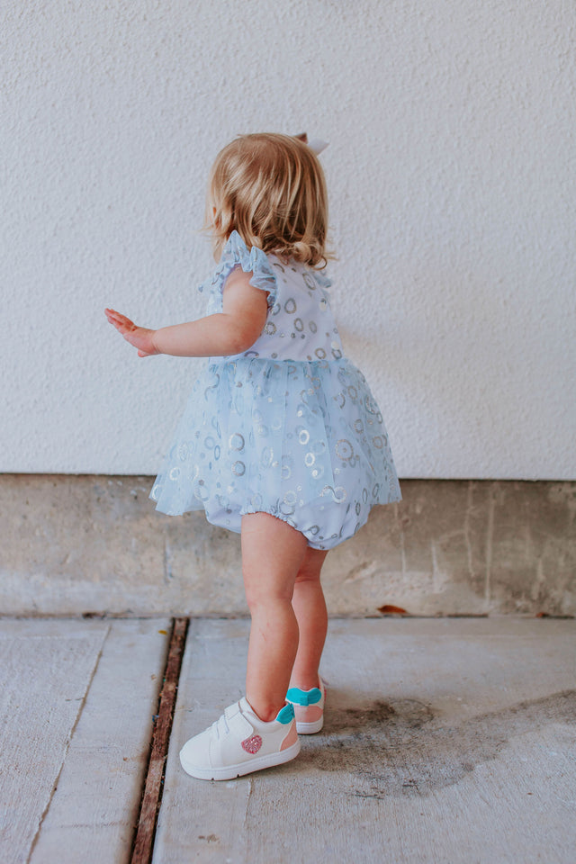 Infant Girls Frozen Elsa Blue and Silver Skirted Tulle Bubble Romper Dress