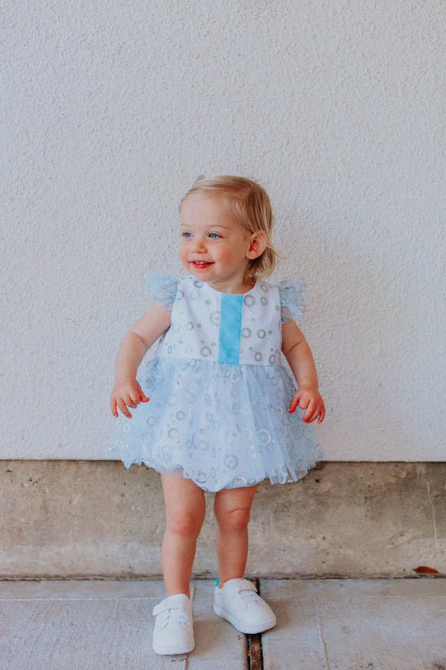 Infant Girls Frozen Elsa Blue and Silver Skirted Tulle Bubble Romper Dress