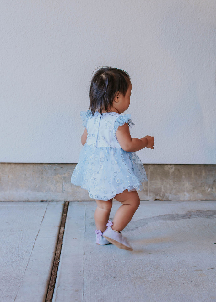 Infant Girls Frozen Elsa Blue and Silver Skirted Tulle Bubble Romper Dress