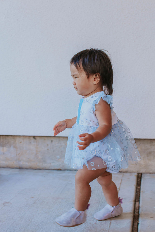 Infant Girls Frozen Elsa Blue and Silver Skirted Tulle Bubble Romper Dress