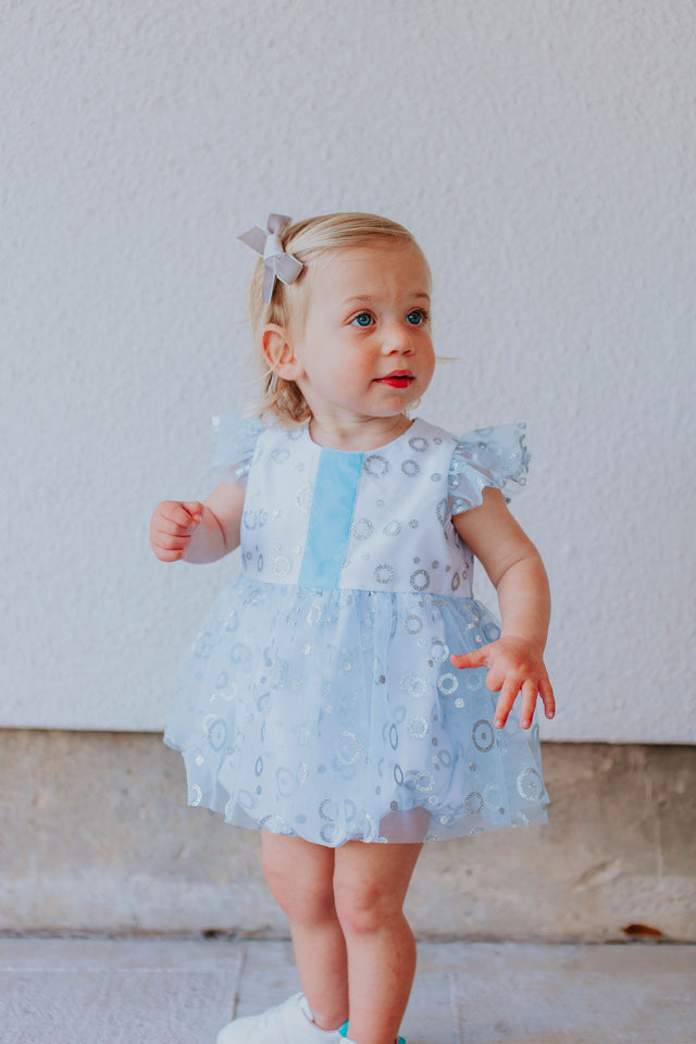 Infant Girls Frozen Elsa Blue and Silver Skirted Tulle Bubble Romper Dress