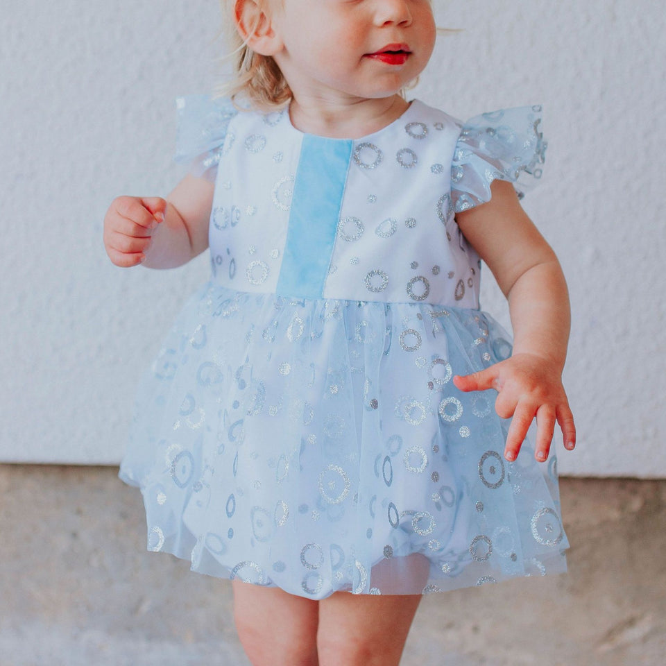 Infant Girls Frozen Elsa Blue and Silver Skirted Tulle Bubble Romper Dress