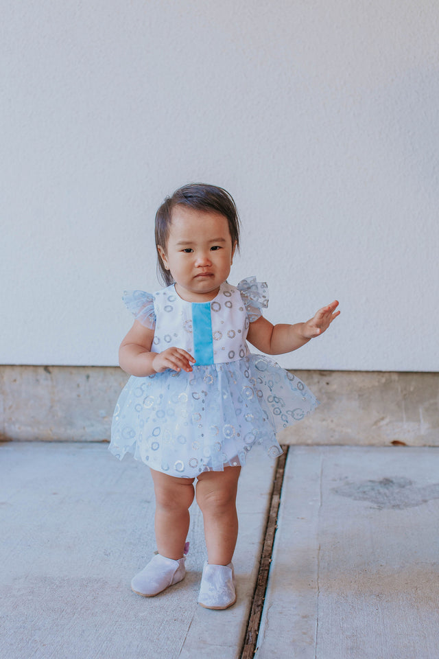 Infant Girls Frozen Elsa Blue and Silver Skirted Tulle Bubble Romper Dress