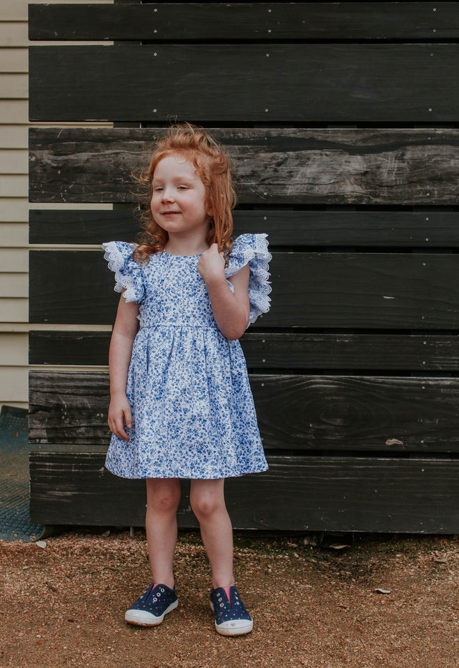 little girls blue and white floral dress