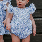 baby girls calico floral blue and white bubble romper