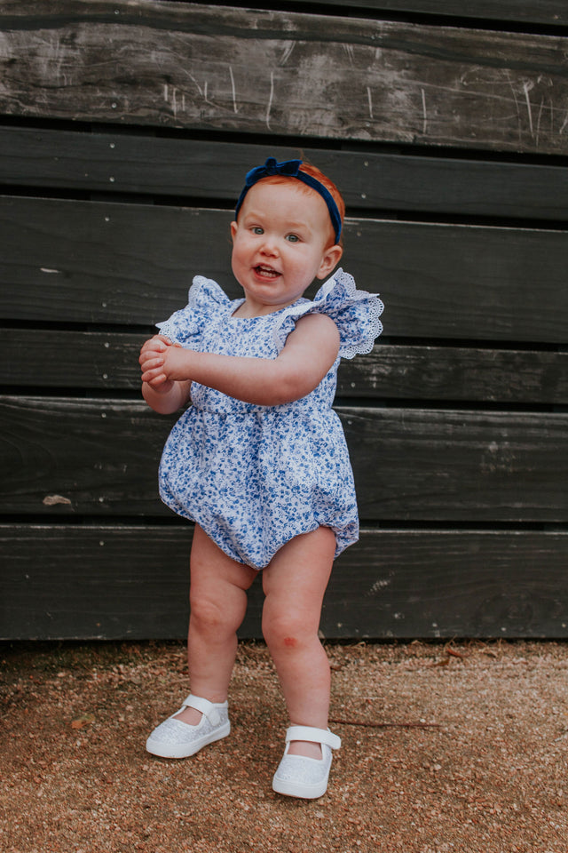 infant girls blue and white chinoiserie calico floral bubble romper