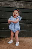 infant girls blue and white chinoiserie calico floral bubble romper