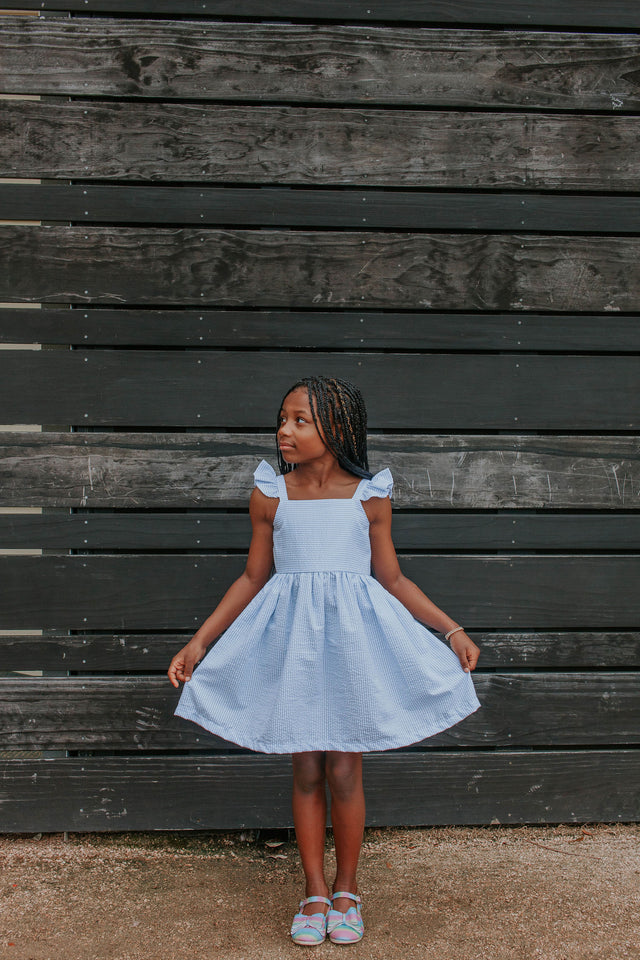 Girl's Light Blue Seersucker Flutter Sleeve Dress