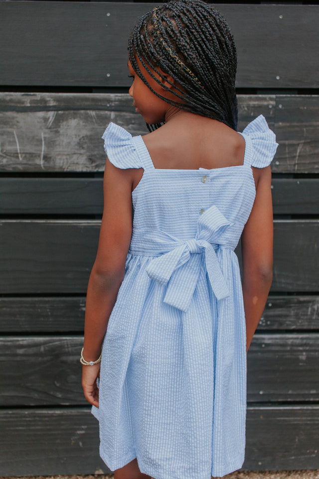 Girl's Light Blue Seersucker Flutter Sleeve Dress