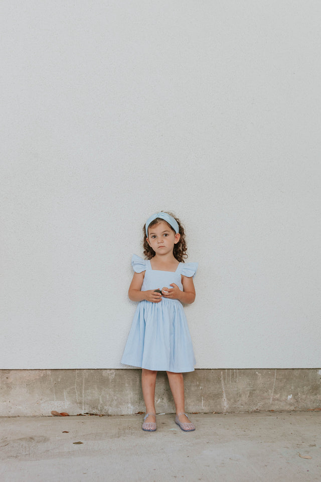 Girl's Light Blue Seersucker Flutter Sleeve Dress