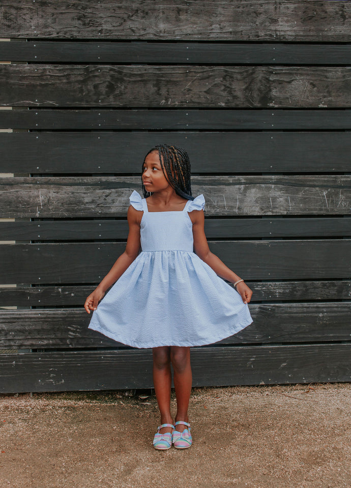 Girl's Light Blue Seersucker Flutter Sleeve Dress