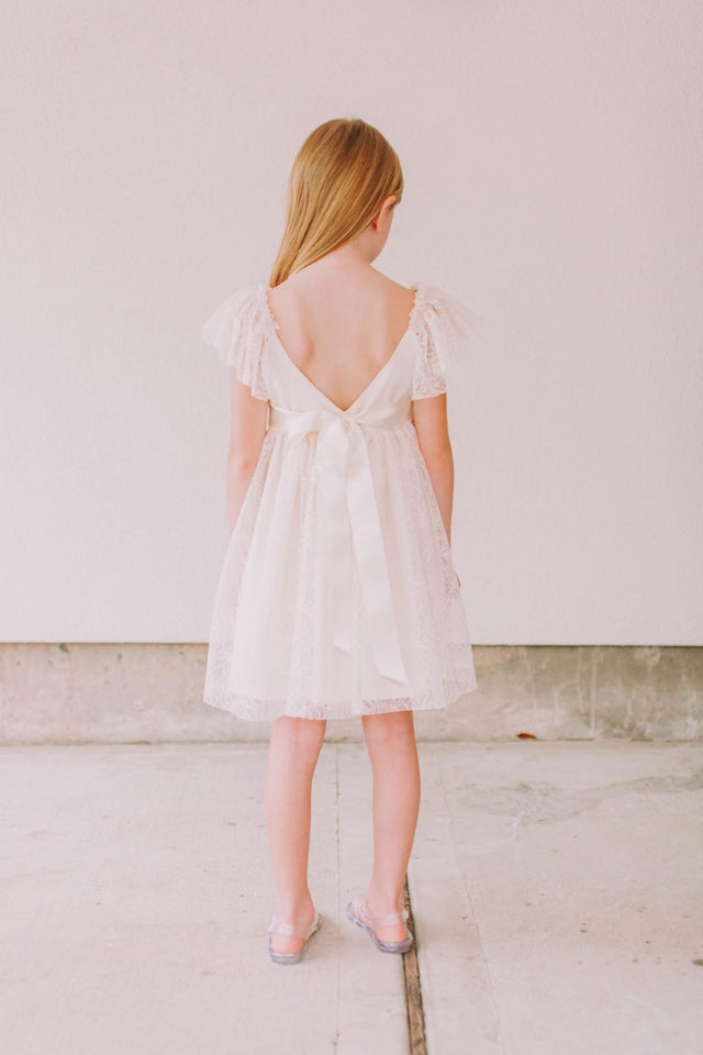 Little Girl's Ivory Leaf Lace Flutter Sleeve Scoop Back Flower Girl Dress
