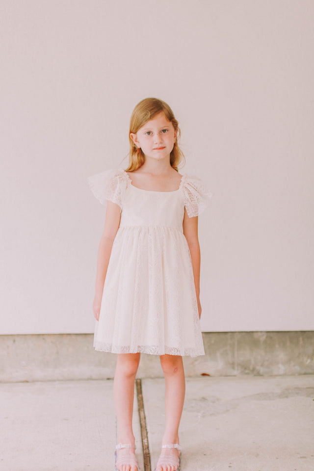 Little Girl's Ivory Leaf Lace Flutter Sleeve Scoop Back Flower Girl Dress