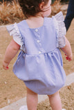 Infant Girl's Lavender Cotton and Calico Floral Bubble Romper with Crochet Lace Trim