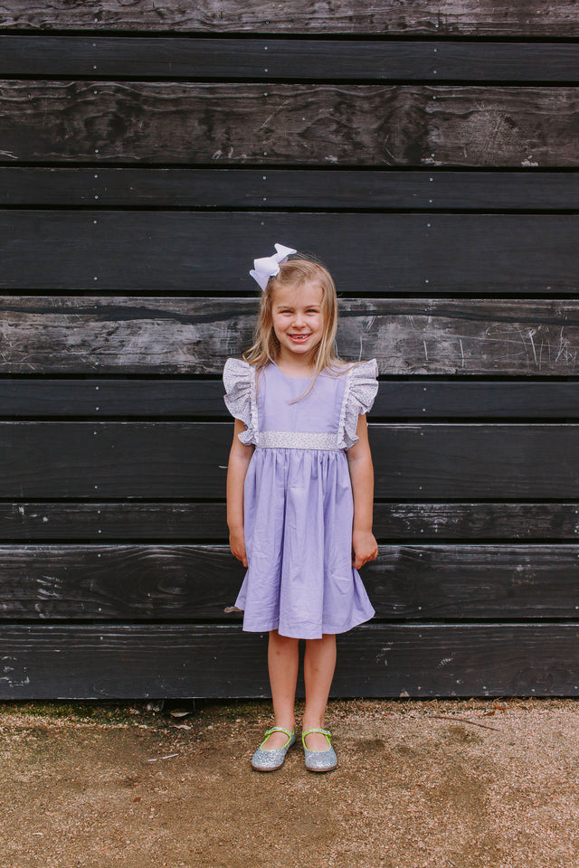 Infant Girl's Lavender Cotton and Calico Floral Bubble Romper with Crochet Lace Trim