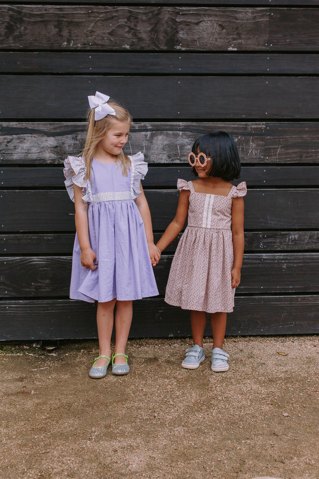 Little Girl's Lavender and Calico Floral Cotton Pinafore Dress