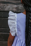 Infant Girl's Lavender Cotton and Calico Floral Bubble Romper with Crochet Lace Trim