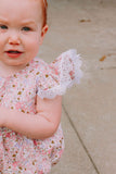 Infant Girl's Pink and White Calico Floral Ruffle Cotton Bubble Romper with Venice Lace Trim