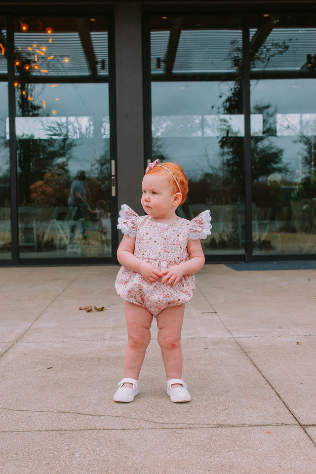 Infant Girl's Pink and White Calico Floral Ruffle Cotton Bubble Romper with Venice Lace Trim
