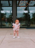Infant Girl's Pink and White Calico Floral Ruffle Cotton Bubble Romper with Venice Lace Trim