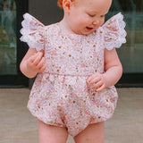 Infant Girl's Pink and White Calico Floral Ruffle Cotton Bubble Romper with Venice Lace Trim