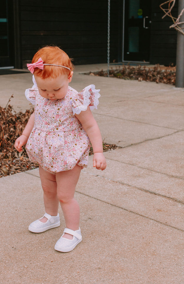 Infant Girl's Pink and White Calico Floral Ruffle Cotton Bubble Romper with Venice Lace Trim