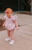 Infant Girl's Pink and White Calico Floral Ruffle Cotton Bubble Romper with Venice Lace Trim