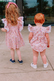 Infant Girl's Pink and White Calico Floral Ruffle Cotton Bubble Romper with Venice Lace Trim