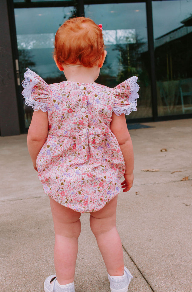 Infant Girl's Pink and White Calico Floral Ruffle Cotton Bubble Romper with Venice Lace Trim