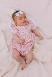 Infant Girl's Pink and White Calico Floral Ruffle Cotton Bubble Romper with Venice Lace Trim