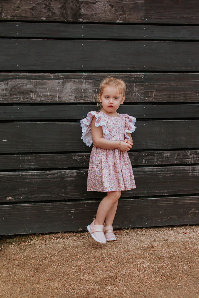 Infant Girl's Pink and White Calico Floral Ruffle Cotton Bubble Romper with Venice Lace Trim