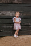 Infant Girl's Pink and White Calico Floral Ruffle Cotton Bubble Romper with Venice Lace Trim
